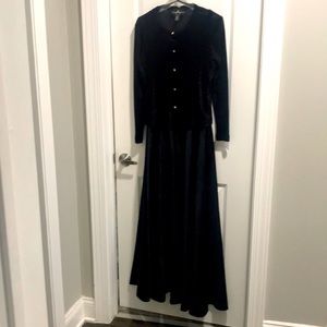 JS Collections tank top low back full length flare skirt black satin grown